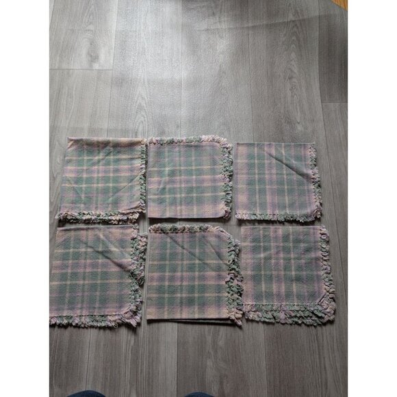 Set Of 6 Vintage Pastel Plaid Fringed Cotton Fabric Napkins 16"x16" Soft Home Dé - Picture 2 of 10